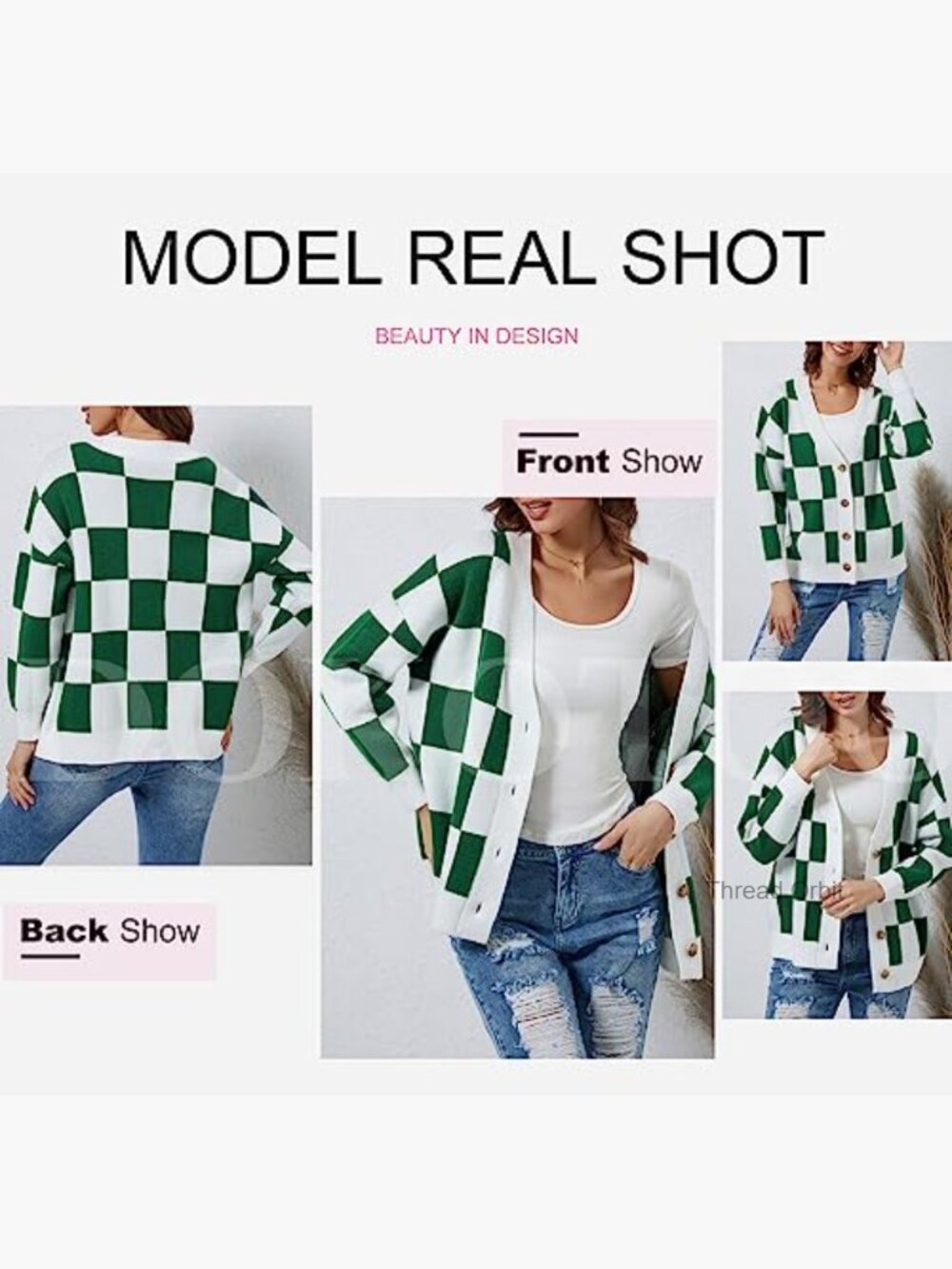 Oversized Cable Knit Cardigan Plaid V-Neck Button Down Long Sleeve - Picture 4 of 7